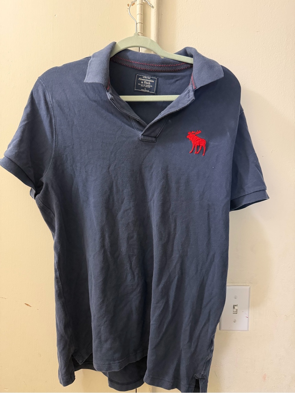 Abercrombie & Fitch Men's Navy Polo with Red Moose Logo large